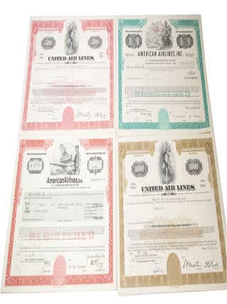 A good selection of subordinates debentures and share certificates issued by major American airlines from the 1970's to late 1990's.