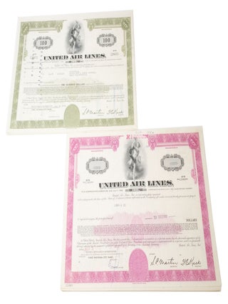 A good selection of subordinates debentures and share certificates issued by major American airlines from the 1970's to late 1990's.